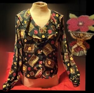 Vtg 90s Paris sport cherubs roses romantic art deco black ruffle blouse L NWOT
